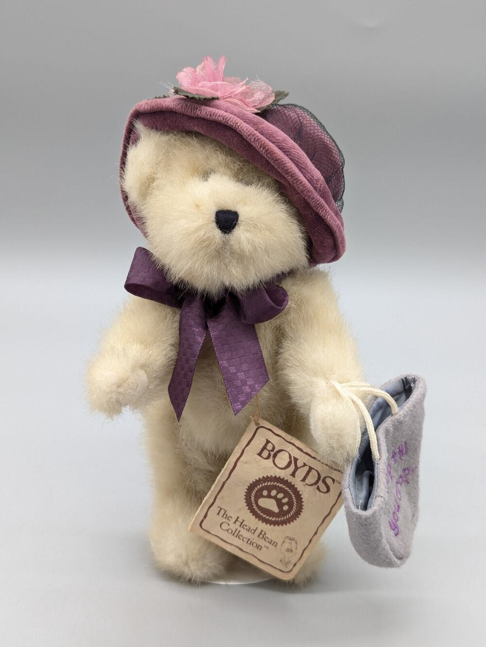 Boyds Mohair 8" Shop Til You Drop White Bear Jointed Purple Hat & Bag 2004